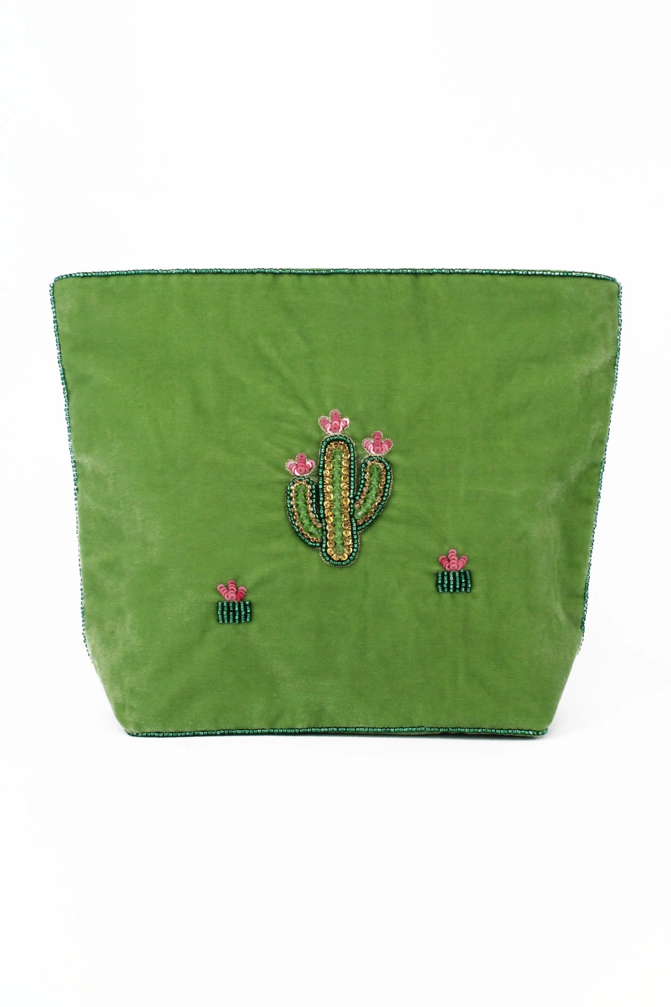 Green Velvet Beaded Cactus Make Up Bag