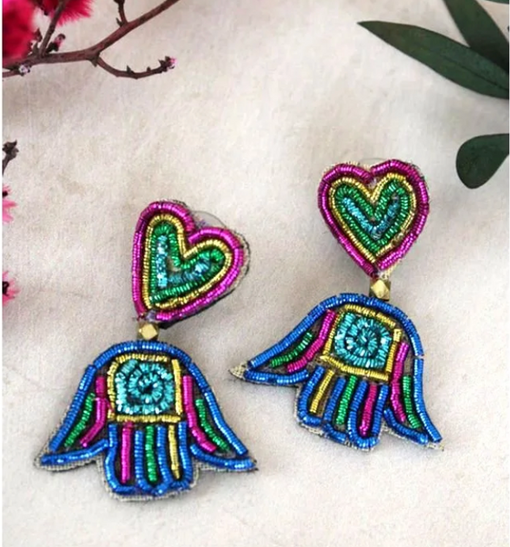 Rainbow Hamsa Hand Beaded Earrings