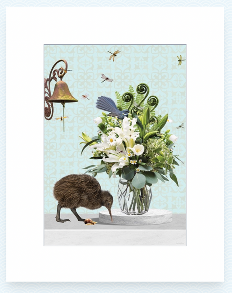 Kiwi And Her Fantail - Sue Skellern - Art Print + Matting